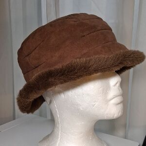 Vintage Grevi Brown Shearling Women's Hat Fur Inside Suede Outside Small 21 In